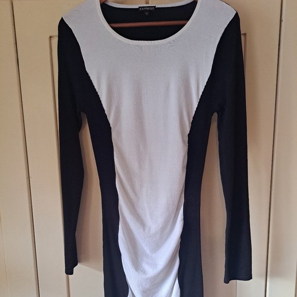 Express Black & White long sleeve ruched sweater dress. Size Med - Picture 1 of 7
